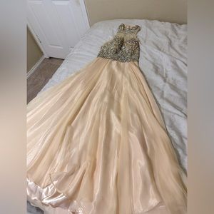Long prom dress with high neck and open back